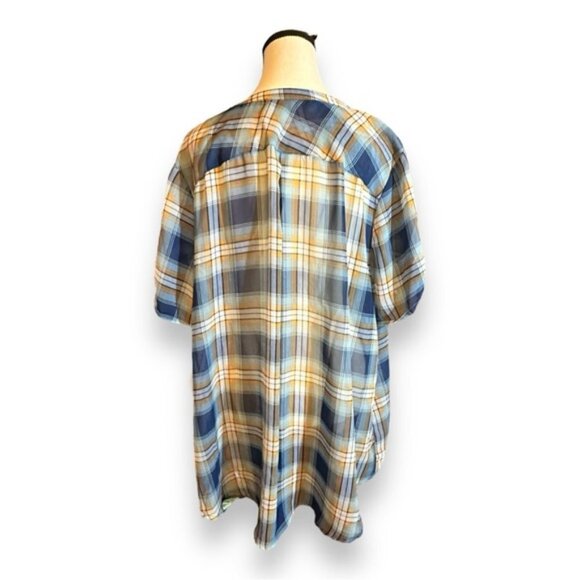 Women’s 2X Blue and Orange Plaid Georgette V Neck Short Sleeve Top 18 20 XXL - Picture 6 of 8